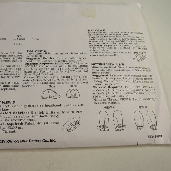 Kwik Sew 2373 Kid Summer Winter Hats & Mittens UNCUT Clothing Patterns - Picture 5 of 6